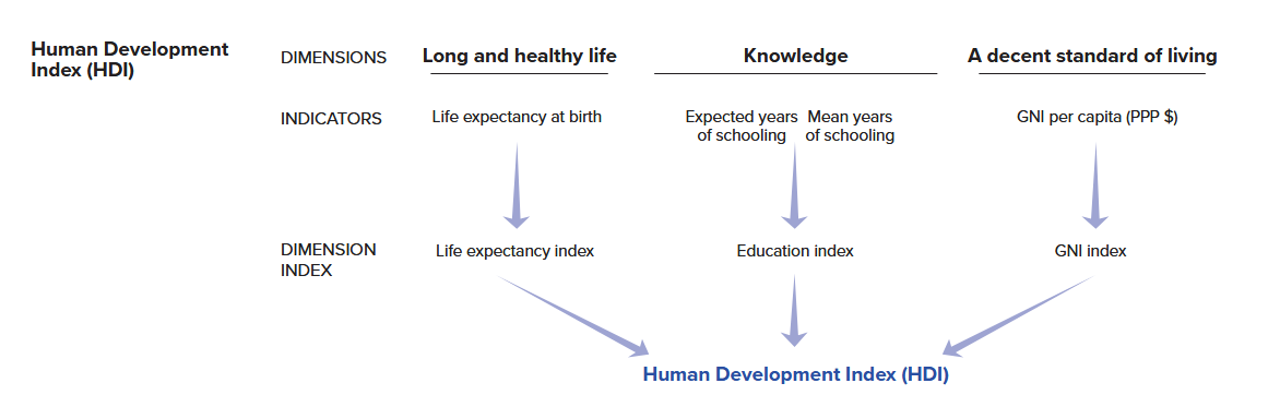 An image showing the main components of HDI: life expectancy, educational attainment, and gross national income.